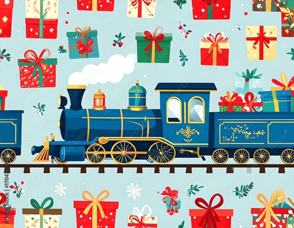Christmas train with gifts. Seamless pattern