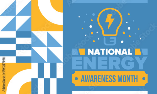 National Energy Awareness Month in October. Optimization and management of energy consumption. The introduction of advanced technology, encourage the use of renewable energy. Energy security. Vector