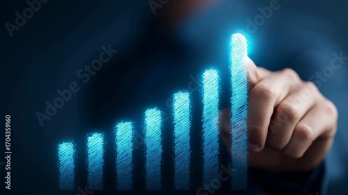 A hand is drawing a blue line with a green tip that is pointing upwards. The line is made up of many small blue lines