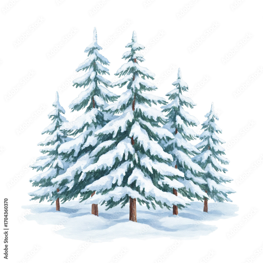 Obraz premium Snow covered pine trees winter forest watercolor art