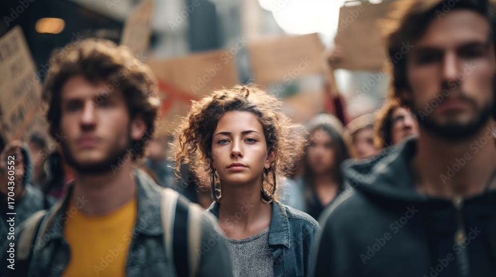 Obraz premium Woman in a crowd of protestors, serious expression. Student protest march for social justice and advocacy. Activism and public demonstration.