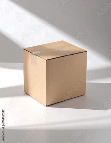 Cardboard box on white surface with sunlight