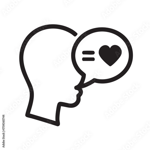 Outline of a human head with a speech bubble containing an equal sign and a heart symbol representing empathy and understanding