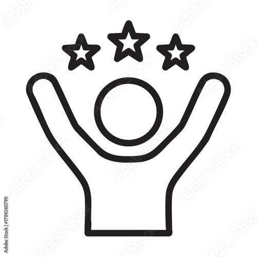 Stylized icon of a person with arms raised in celebration above three shining stars representing achievement and success