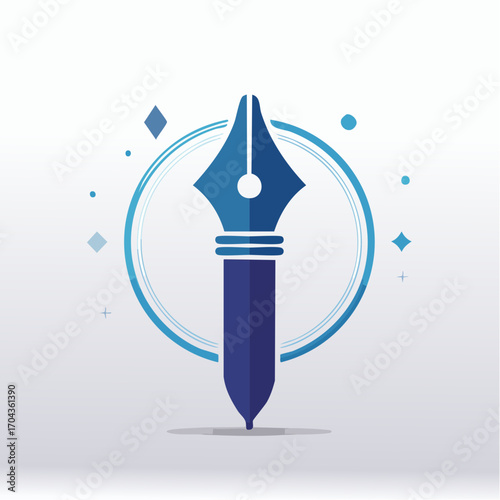 Stylized blue fountain pen icon within a circle, minimalist design for writing concepts