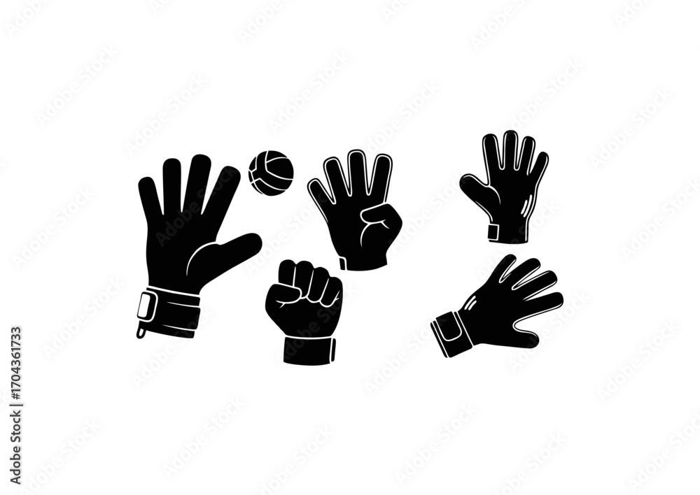 Fototapeta premium Black silhouette vector icons of football goalkeeper gloves in different positions like open, fist, and catching. Perfect for sports branding, coaching graphics, and match illustrations.