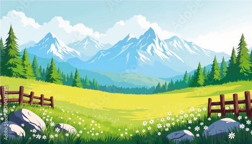 Tranquil landscape with mountains and wildflowers in sunny springtime  