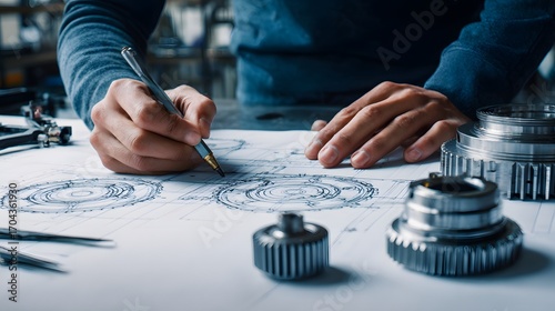 A person sketching mechanical designs on paper surrounded by gears and tools