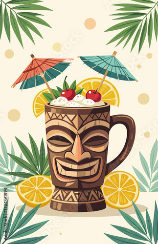 Colorful cocktail in tiki mug with tropical decorations and fruits