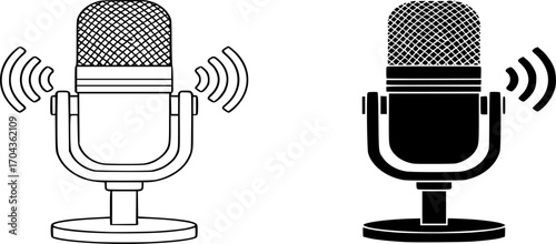 Podcast Microphone Icon Vector. Audio Recording, Broadcast Studio Symbol. Podcasting, voiceover, streaming, sound, media, outline and glyph vector illustration