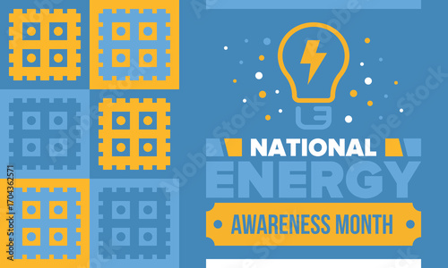 National Energy Awareness Month in October. Optimization and management of energy consumption. The introduction of advanced technology, encourage the use of renewable energy. Energy security. Vector