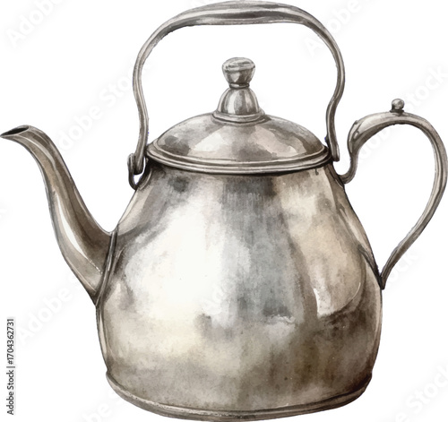 Vintage Watercolor Illustration of a Silver Teapot with a Handle and Spout on White Background Keywords: watercolor, teapot, kettle, silver, metal, vintage