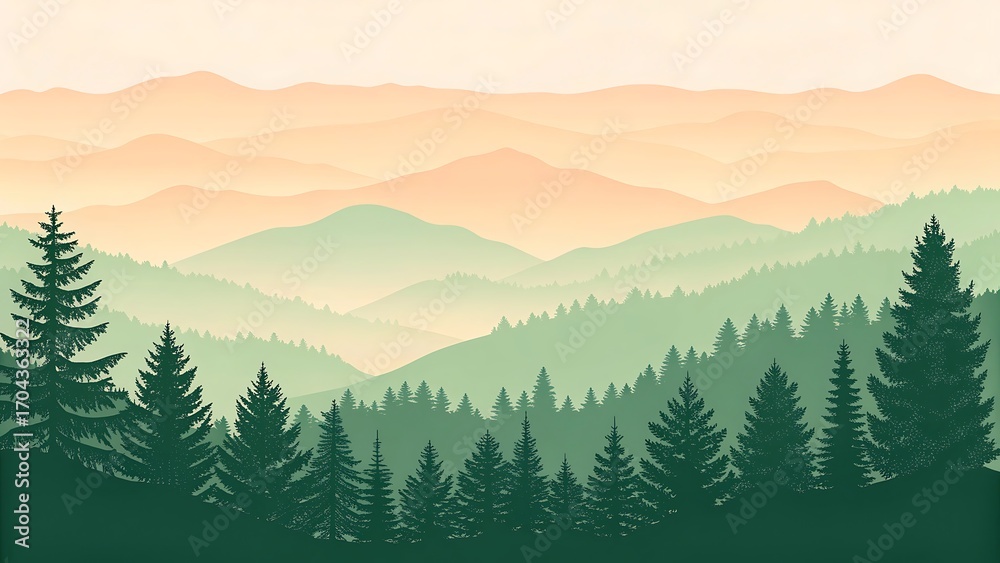 Fototapeta premium Scenic Mountain Landscape with Forest and Foggy Layers in a Serene and Peaceful Illustration