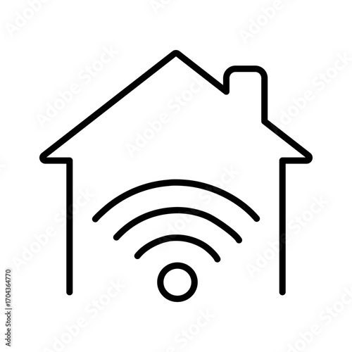 A minimalist line drawing of house with a wifi symbol inside isolated on white background. Computer technology line icon, digital device symbol, modern IT equipment design for web, app, etc.