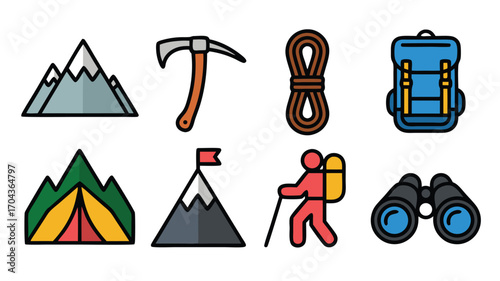 Collection of Adventure and Outdoor Sports Equipment and Symbols for Mountaineering and Camping Activities Representing a Journey and Exploration