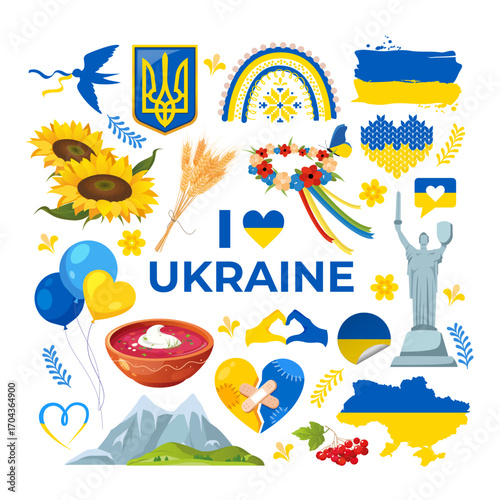 Vector cartoon collection of Ukrainian symbols and icons isolated on white background. Composition includes sunflowers, wheat, swallow, Ukrainian coat of arms, etc. in colors of national colors 