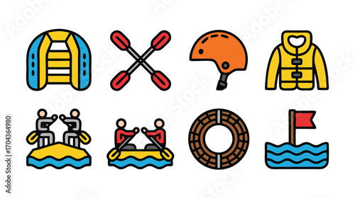 Collection of Flat Design Icons Representing Outdoor Water Sports Activities and Essential Safety Gear for Thrilling Adventures