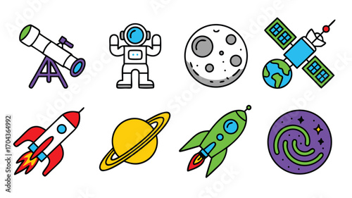 Collection of Astronauts Rockets Planets and Space Objects for Science Education and Design Projects