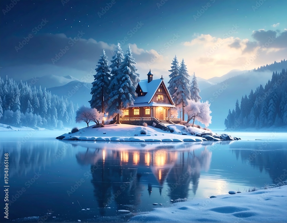 Fototapeta premium Cozy winter cabin on a snowy island