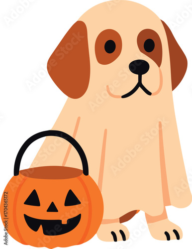 dog dressed as a ghost with a white sheet costume, holding a jack-o-lantern pumpkin bucket for Halloween trick-or-treating.