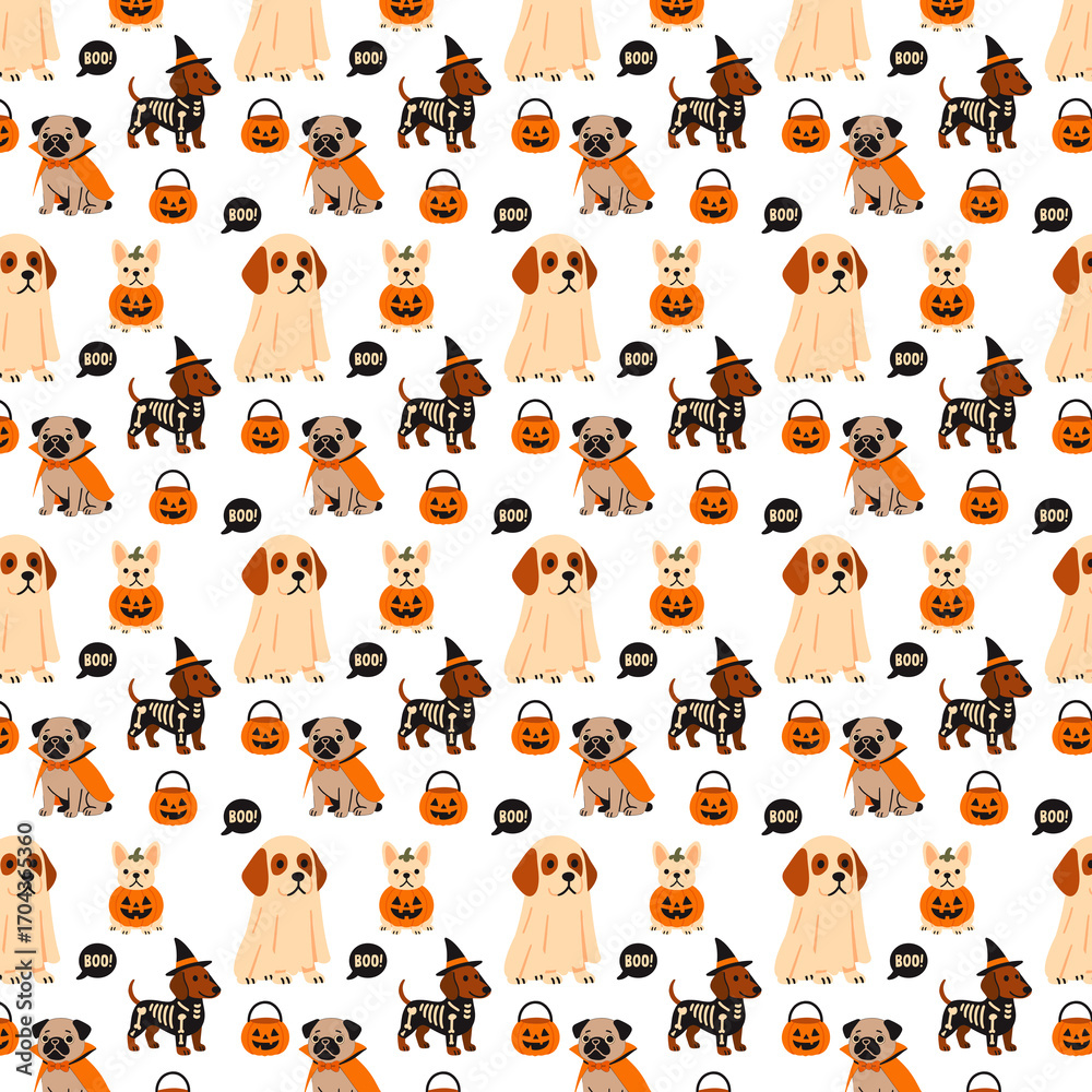Obraz premium a seamless Halloween-themed pattern featuring cartoon dogs in costumes — including a pug vampire, a ghost dog, a dachshund skeleton witch, and a French bulldog pumpkin — along with jack-o-lantern buck
