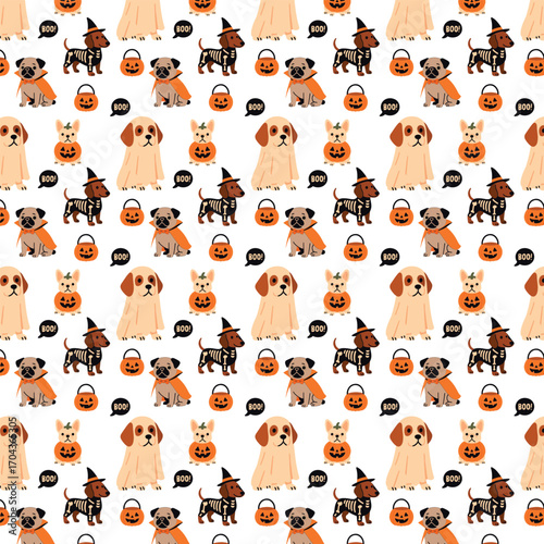 a seamless Halloween-themed pattern featuring cartoon dogs in costumes — including a pug vampire, a ghost dog, a dachshund skeleton witch, and a French bulldog pumpkin — along with jack-o-lantern buck
