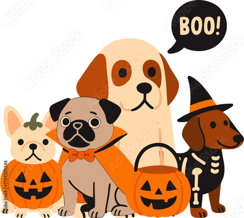 a group of cute cartoon dogs in Halloween costumes — a French bulldog in a pumpkin suit, a pug in a vampire cape, a big dog as a ghost, and a dachshund in a skeleton outfit with a witch hat — accompan
