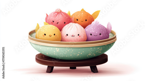 A colorful bowl filled with cute, cartoonish dumplings resembling fish, each with happy expressions, set on a wooden stand.