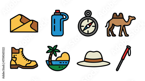 A Colorful Icon Set Featuring Desert and Tropical Adventure Gear and Landscapes