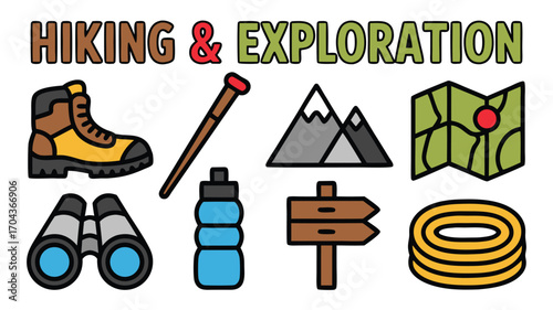 An Assortment of Icons Depicting Hiking and Outdoor Exploration Activities and Gear