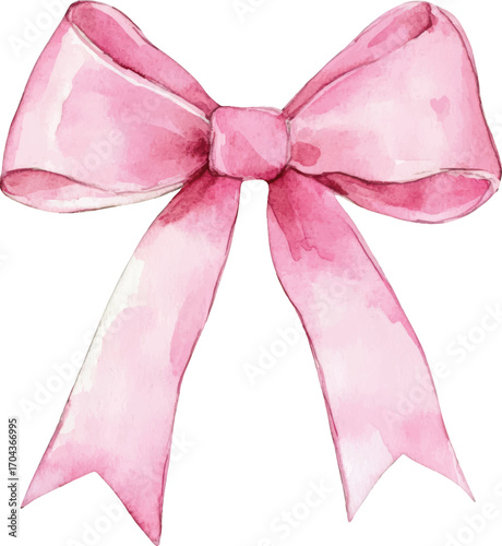 Watercolor pink bow with ribbon tails on a white background decorative