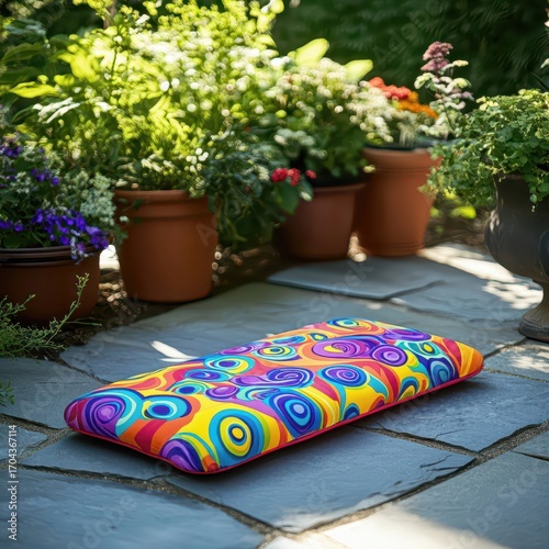 Brightly colored kneeling pad on stone patio surrounded by potted plants with sunny garden background