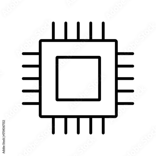 A minimalist line drawing of a computer chip isolated on white background.Computer technology line icon, digital device symbol, modern IT equipment design for web, app, and user interface.