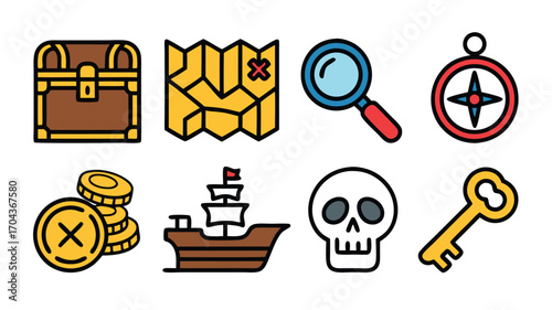 Collection of Pirate Themed Icons Including Treasure Chest Map Magnifying Glass and Compass