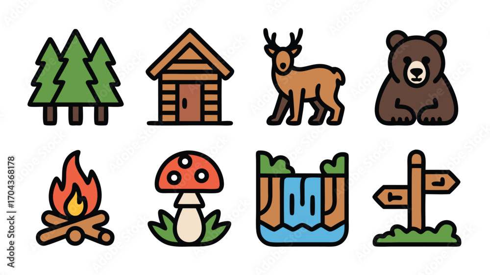 Fototapeta premium Collection of Wilderness Icons Featuring Forest Trees Cabin Deer Bear Campfire Mushroom Waterfall and Directional Sign