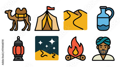 Desert Caravan Adventure Elements and Symbols for Camping and Travel Illustration