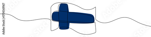 Finnish flag in one line art style. Finnish flag drawing with editable stroke on white background. Vector illustration.