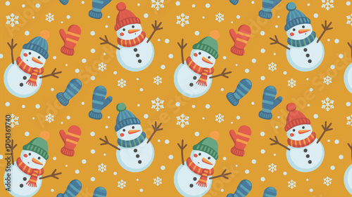 A Festive and Cheerful Winter Icon Set Featuring Adorable Snowmen Wearing Cozy Hats and Scarves Amidst Falling Snowflakes and Colorful Mittens