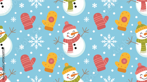 A Whimsical Winter Wonderland Pattern Featuring Cheerful Snowmen Mittens and Snowflakes for Festive Holiday Decorations