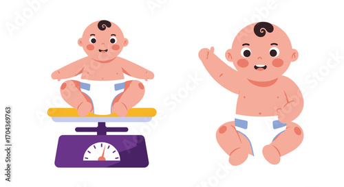 Baby sitting on scale and waving hand while smiling happily  