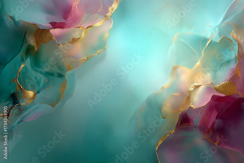 Abstract Fluid Art With Turquoise, Pink, and Gold Layers