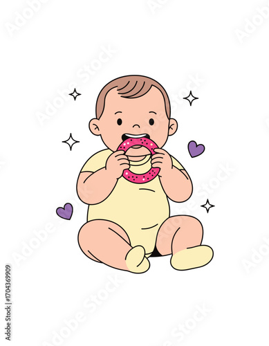 Baby sitting and chewing on teething ring with playful expression  