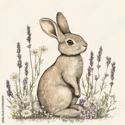Hand-drawn vintage botanical illustration, muted earthy tones, elegant rabbit sitting among daisies and lavender, fine ink details, classic style, with copy space