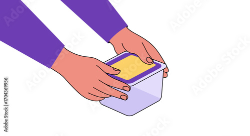 Hands sealing a plastic container with yellow lid  