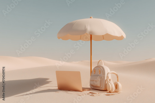 Digital Nomad Workspace on a Desert With Laptop and Accessories