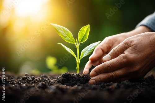 Hands Planting a Seedling in Rich Soil with Sunlight in the Background