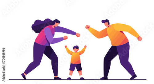 Family celebrating together with joyful gestures in vibrant colors  