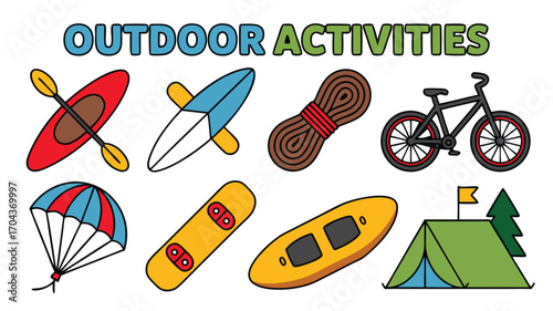 A Colorful Collection of Outdoor Recreation and Adventure Icons Representing Various Fun Activities