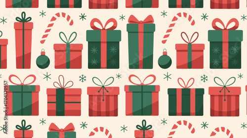A delightful seamless pattern featuring a vibrant collection of festive holiday gifts and candy canes in classic Christmas colors perfect for seasonal decorations and projects