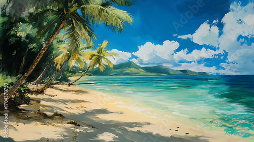 Wallpaper Mural Seaside painting with tropical palm trees and clear blue water high resolution picture Torontodigital.ca